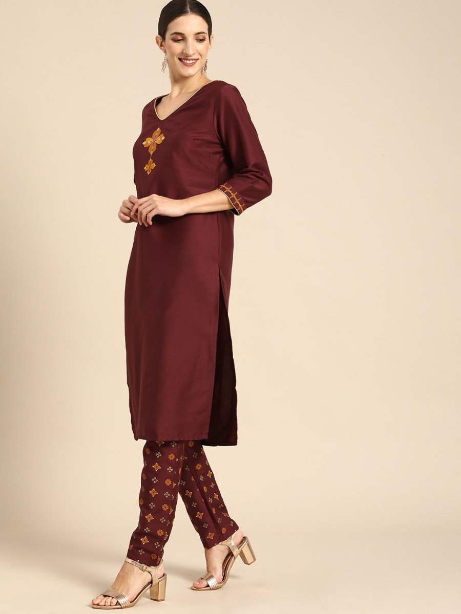 All About You Women Maroon Floral Yoke Design Regular Kurta with Trousers - Distacart