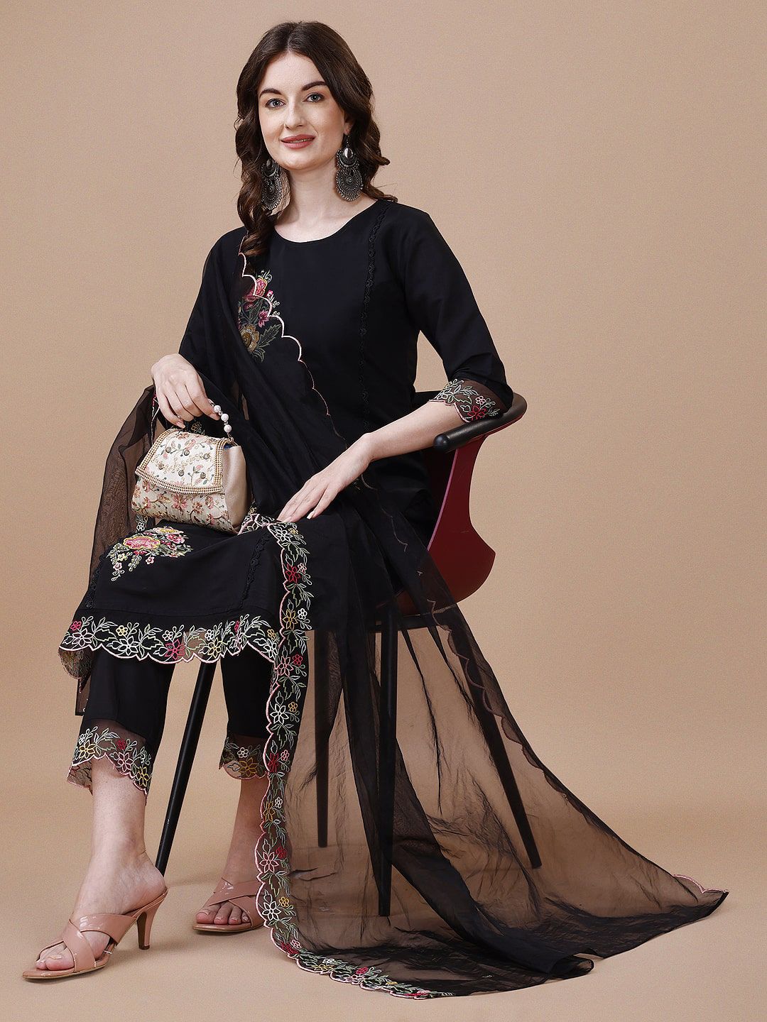 Kalini Women Floral Embroidered Regular Thread Work Chanderi Cotton Kurta with Trousers & With Dupatta - Distacart