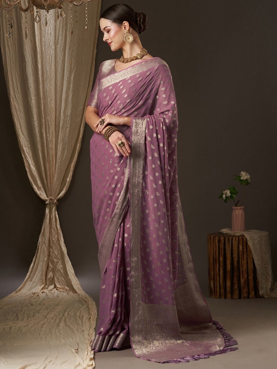 Anouk Mauve & Gold-Toned Woven Design Zari Pure Georgette Kanjeevaram Saree - Distacart