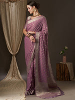 Thumbnail for Anouk Mauve & Gold-Toned Woven Design Zari Pure Georgette Kanjeevaram Saree - Distacart