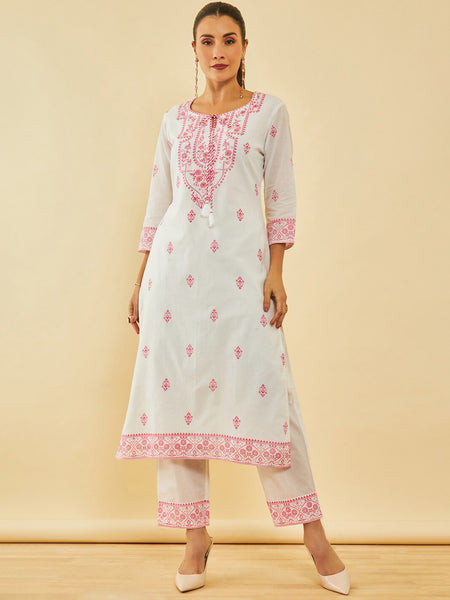 Soch White & Pink Floral Printed Pure Cotton Straight Kurta With Trousers & Dupatta - Distacart