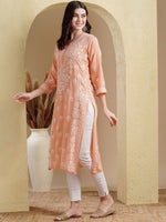 Thumbnail for ADA Ethnic Motifs Embroidered Lucknowi Chikankari Detailed Modal Cotton Straight Kurta - Distacart