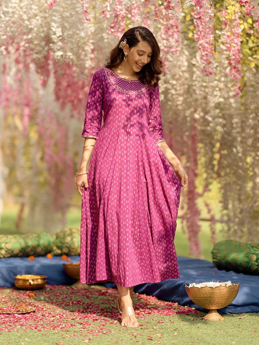 AURELIA Ethnic Motifs Printed Flared Pure Cotton A-Line Maxi Dress - Distacart