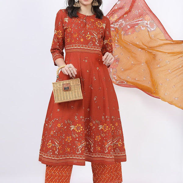 Vishudh Women Rust Ethnic Motifs Printed Angrakha Pure Cotton Kurta with Palazzos & With Dupatta - Distacart