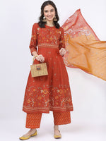 Thumbnail for Vishudh Women Rust Ethnic Motifs Printed Angrakha Pure Cotton Kurta with Palazzos & With Dupatta