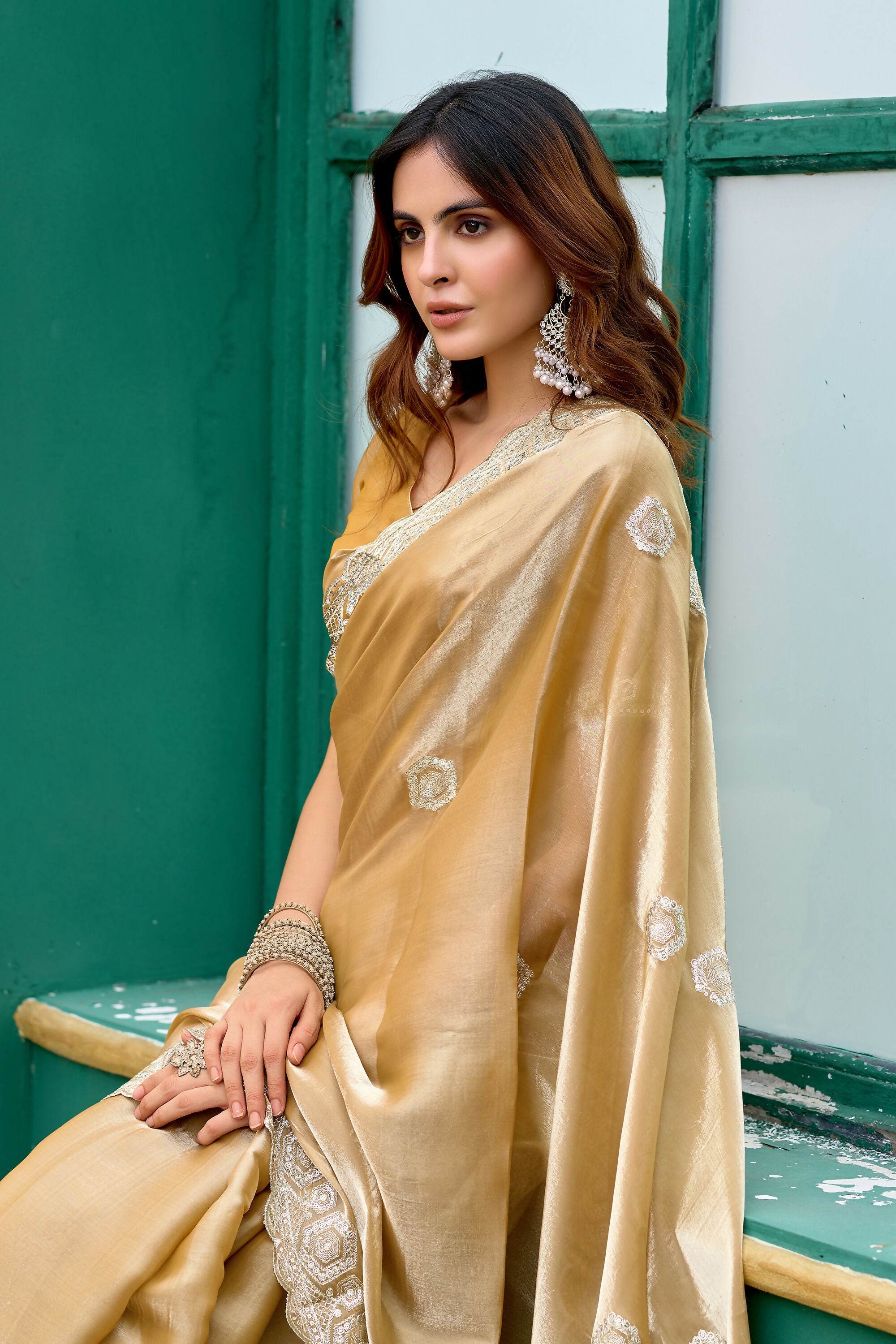 Vastranavya Beige Embroidery Work Shimmer Chiffon Saree with Unstitched Blouse