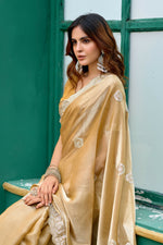 Thumbnail for Vastranavya Beige Embroidery Work Shimmer Chiffon Saree with Unstitched Blouse