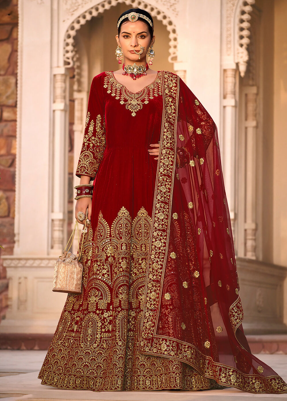 Maroon Velvet Front & Back Embroidery Wedding Anarkali Suit - Emponline - Distacart