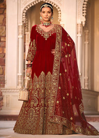 Thumbnail for Maroon Velvet Front & Back Embroidery Wedding Anarkali Suit - Emponline - Distacart