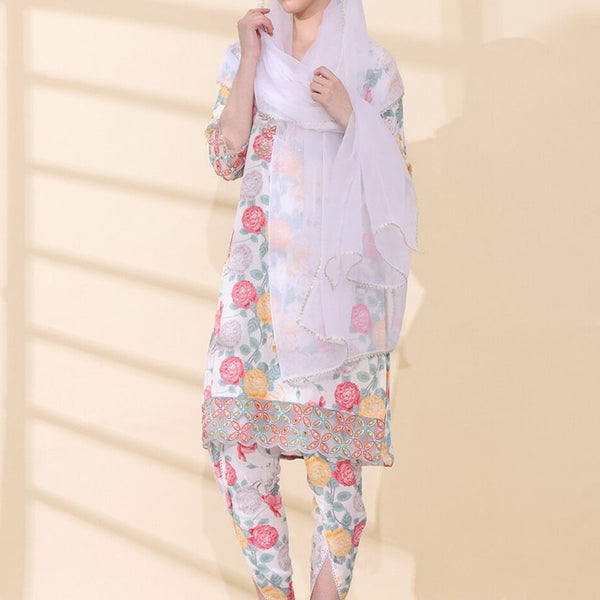 Anouk Floral Printed Thread Work V-Neck Kurta With Dhoti Pants & Dupatta - Distacart