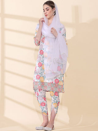 Anouk Floral Printed Thread Work V-Neck Kurta With Dhoti Pants & Dupatta - Distacart