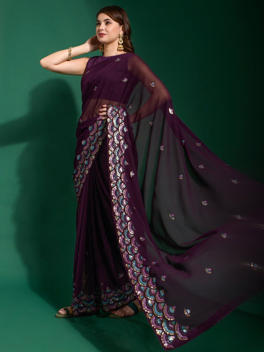 Anouk Purple & Blue Embellished Sequinned Saree - Distacart