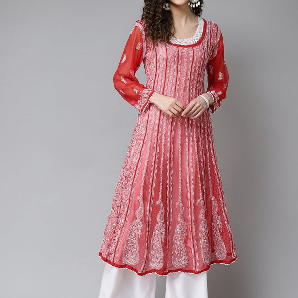 ADA Women Red & White Ethnic Motifs Embroidered Chikankari Georgette Kurta - Distacart