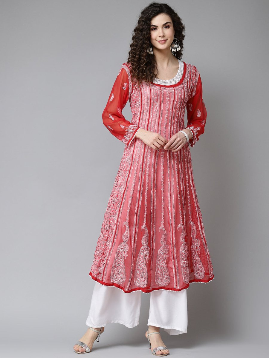 ADA Women Red & White Ethnic Motifs Embroidered Chikankari Georgette Kurta - Distacart