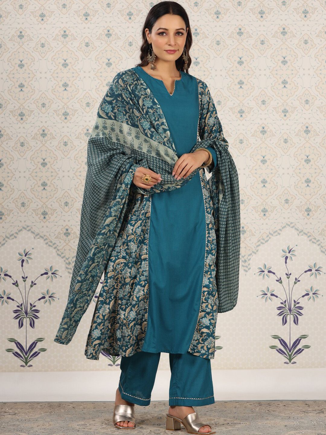 Ode by House of Pataudi Floral Printed Panelled Gotta Patti Pure Cotton Kurta Set - Distacart