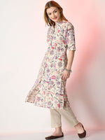 Thumbnail for Sangria Off White Floral Printed Mandarin Collar Cotton A-Line Kurta