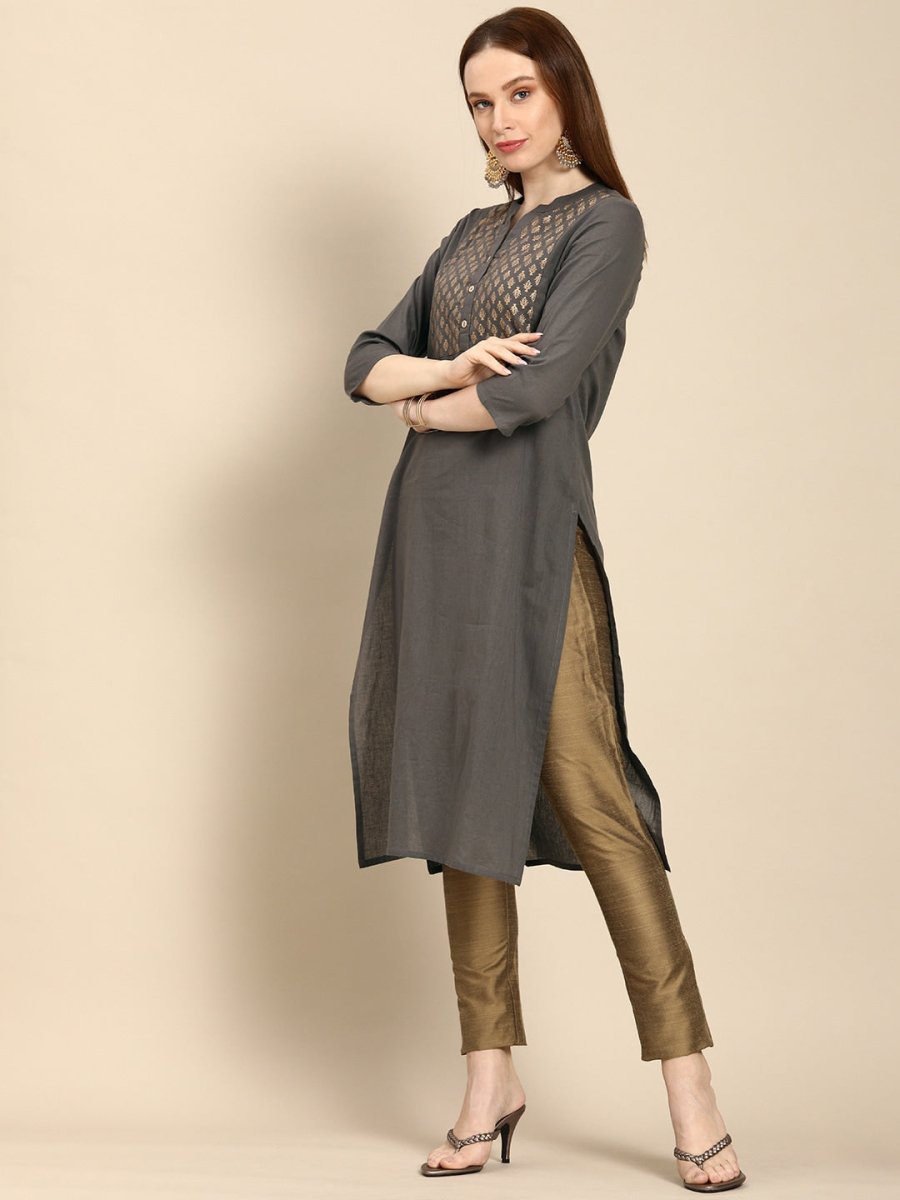 All About You Women Grey Ethnic Motifs Yoke Design Pure Cotton Kurta - Distacart