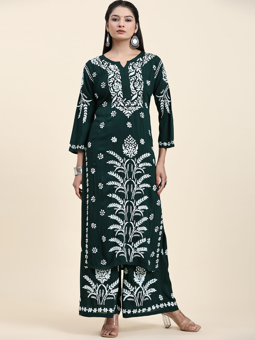 HOUSE OF KARI Floral Embroidered Chikankari Pure Cotton Straight Kurta With Palazzo - Distacart