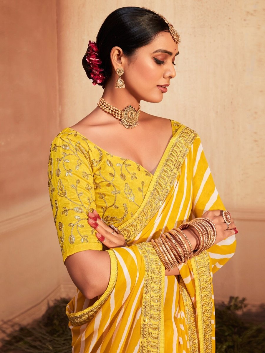 Anouk Yellow Striped Embroidered Pure Georgette Leheriya Saree - Distacart