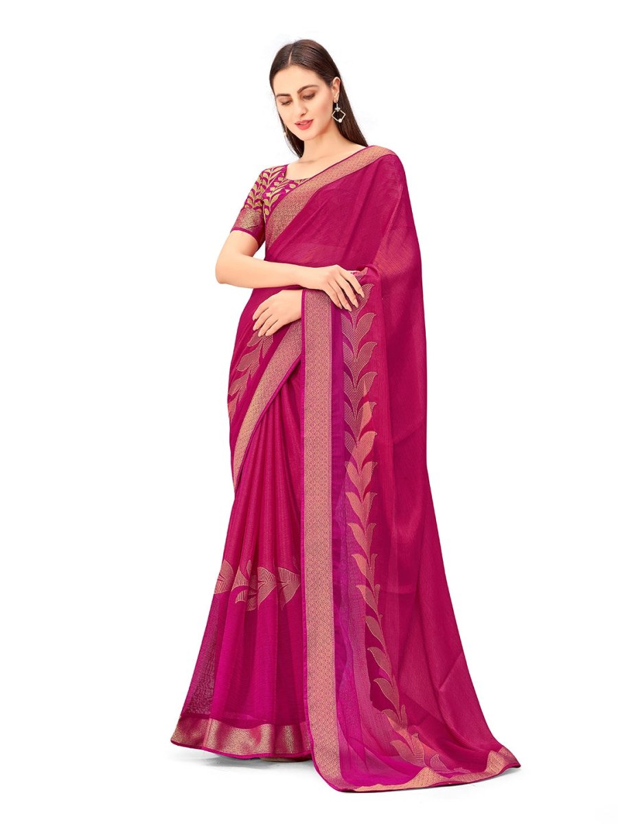 Anouk Pink Floral Printed Zari Pure Chiffon Saree - Distacart