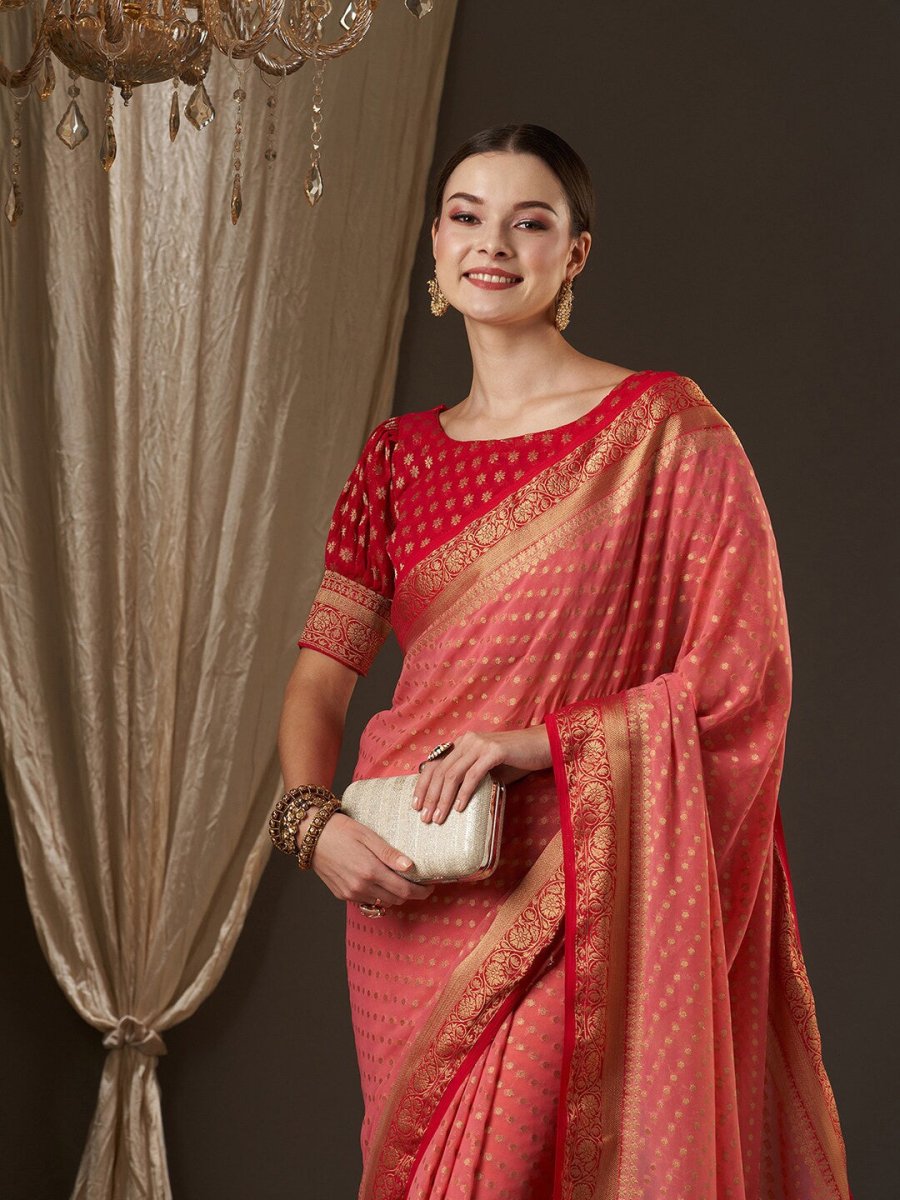 Anouk Rose Gold & Red Woven Design Zari Pure Georgette Kanjeevaram Saree - Distacart