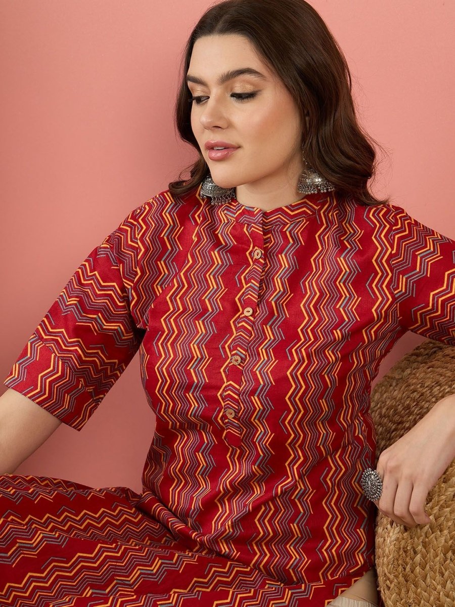 Anouk Red Chevron Printed Mandarin Collar Short Sleeves Cotton Kurta - Distacart
