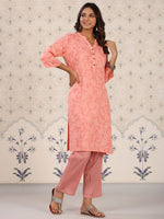 Thumbnail for Ode by House of Pataudi Coral & White Floral Printed Mandarin Collar Kurta With Palazzos - Distacart