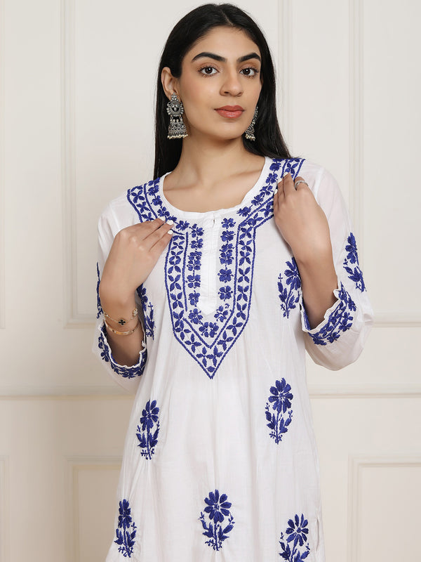 HOUSE OF KARI Women Ethnic Motifs Embroidered Regular Chikankari Pure Cotton Kurta with Trousers - Distacart