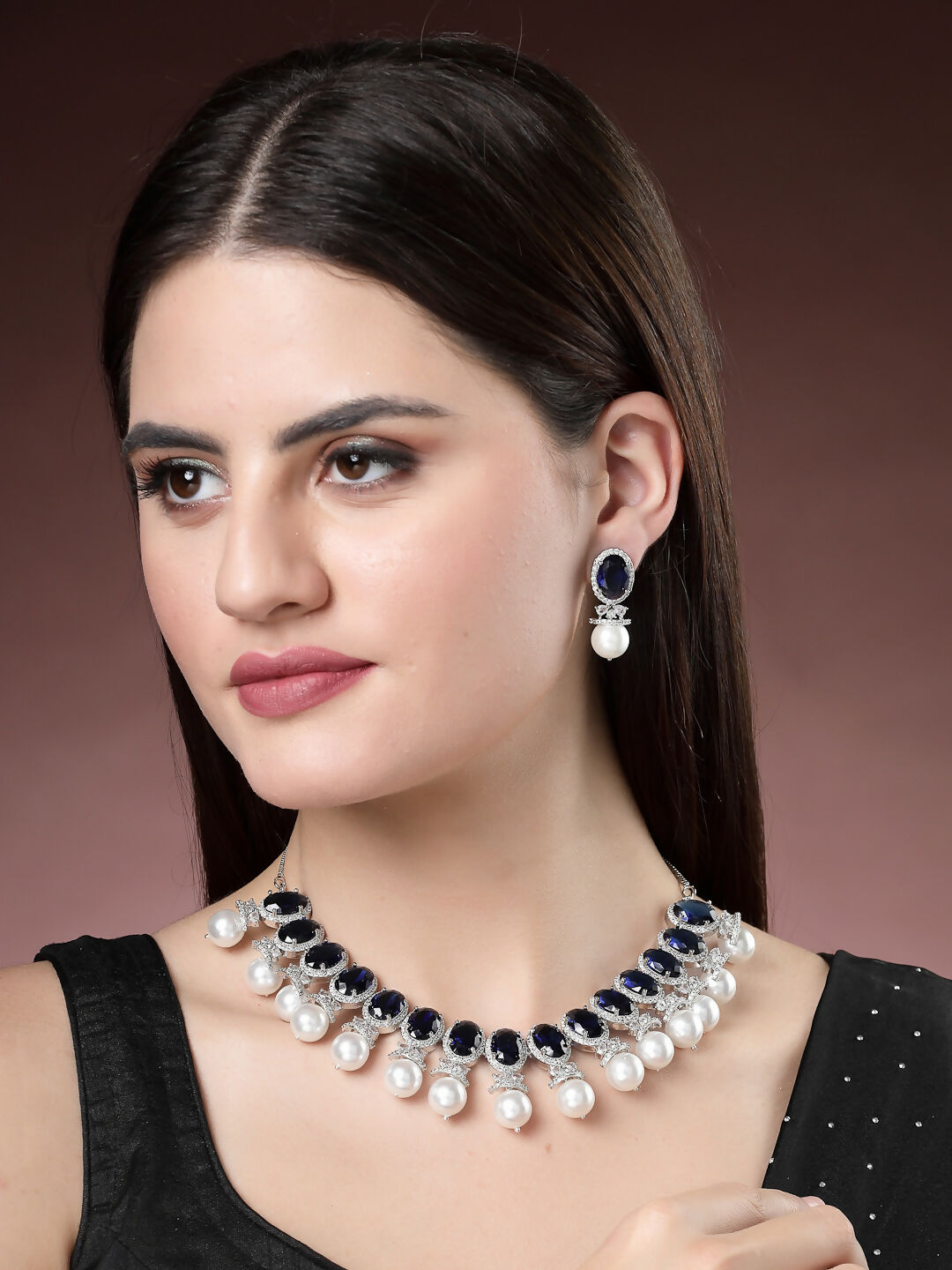 NVR Women's Silver-Plated Blue American Diamond Studded Handcrafted Jewellery Set - Distacart