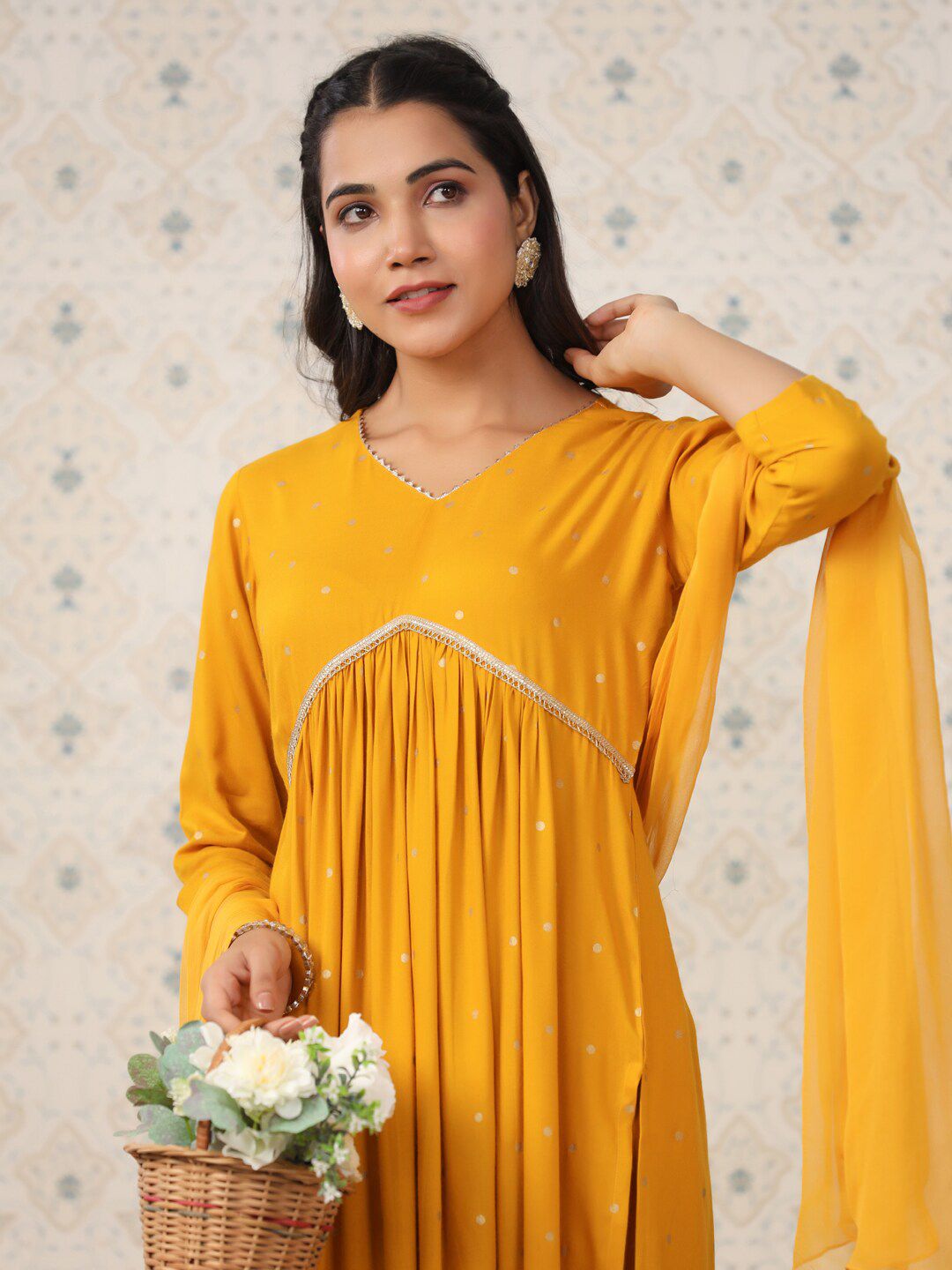 Ode by House of Pataudi Geometric Printed Pleated Kurta & Trousers With Dupatta - Distacart