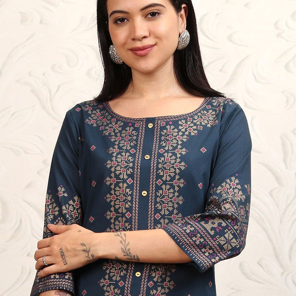 Vishudh Women Navy Blue Printed A-Line Kurta - Distacart