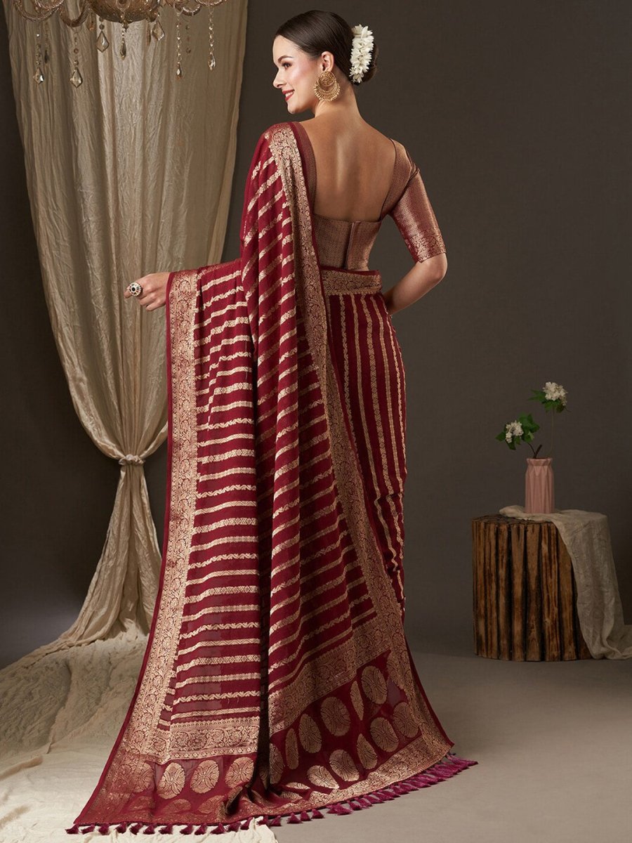 Anouk Maroon & Gold-Toned Woven Design Zari Pure Georgette Kanjeevaram Saree - Distacart