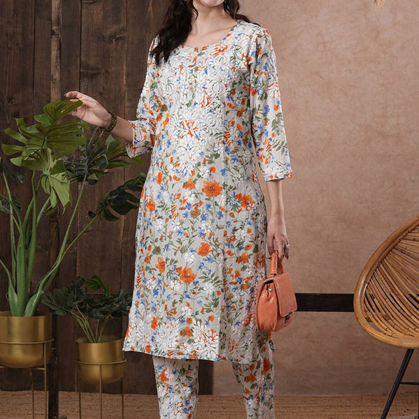 ADA Floral Printed Round Neck Regular Lucknowi Chikankari Kurta with Trousers - Distacart
