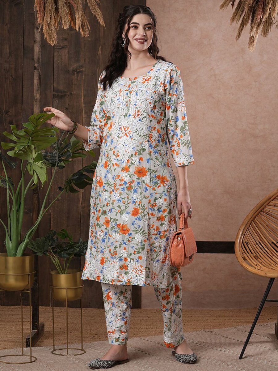 ADA Floral Printed Round Neck Regular Lucknowi Chikankari Kurta with Trousers - Distacart