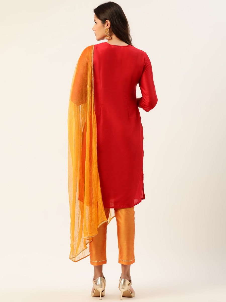 All About You Women Red & Orange Embroidered Yoke Design Kurta set with Dupatta - Distacart