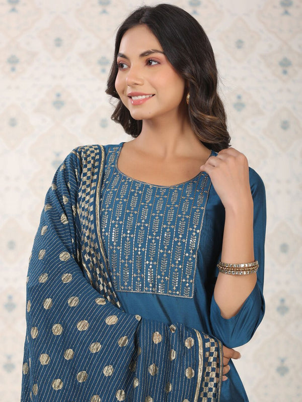 Ode by House of Pataudi Ethnic Motifs Woven Design Straight Kurta With Trousers & Dupatta - Distacart