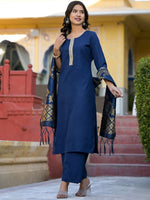 Thumbnail for Vishudh Teal & Gold Toned Round Neck Regular Kurta with Palazzos & With Dupatta