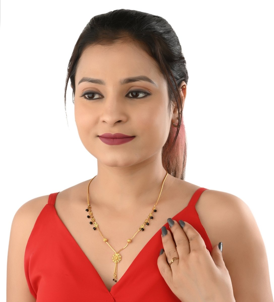 AanyaCentric Gold-plated Jewelry Combo: Elegant Short Mangalsutra, Finger Ring, and American Diamond Earrings Set - Distacart