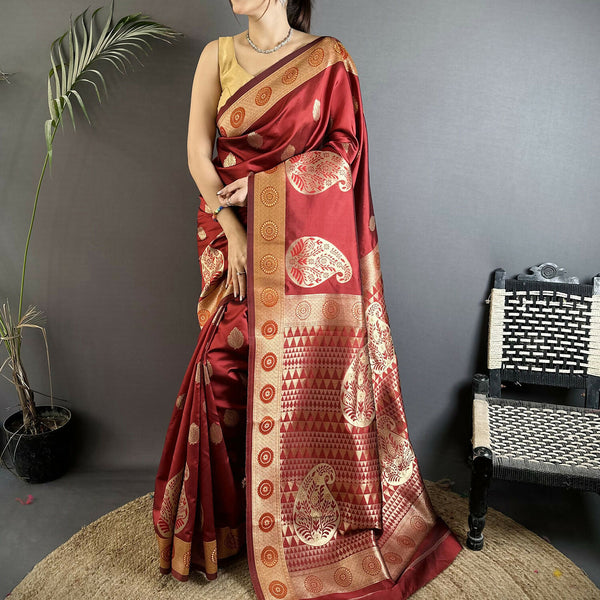 Joban Fashion Maroon Paisley Soft Silk Banarasi Saree - Distacart