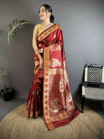 Thumbnail for Joban Fashion Maroon Paisley Soft Silk Banarasi Saree - Distacart