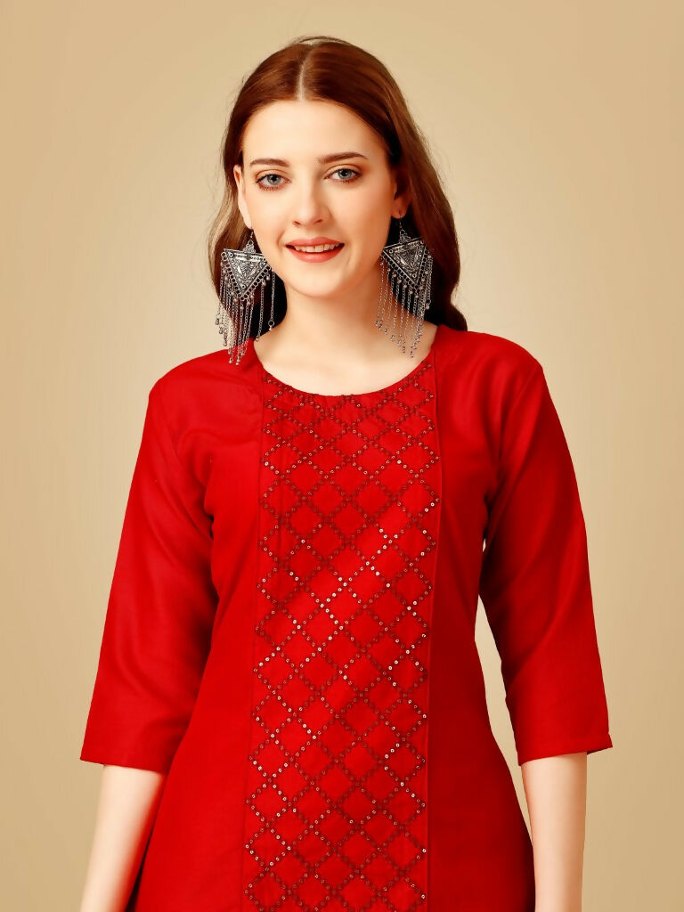 Jyoti Fashion Women's Red Cotton Blend Embroidered Kurta Pant Set - Distacart