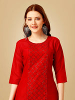 Thumbnail for Jyoti Fashion Women's Red Cotton Blend Embroidered Kurta Pant Set - Distacart