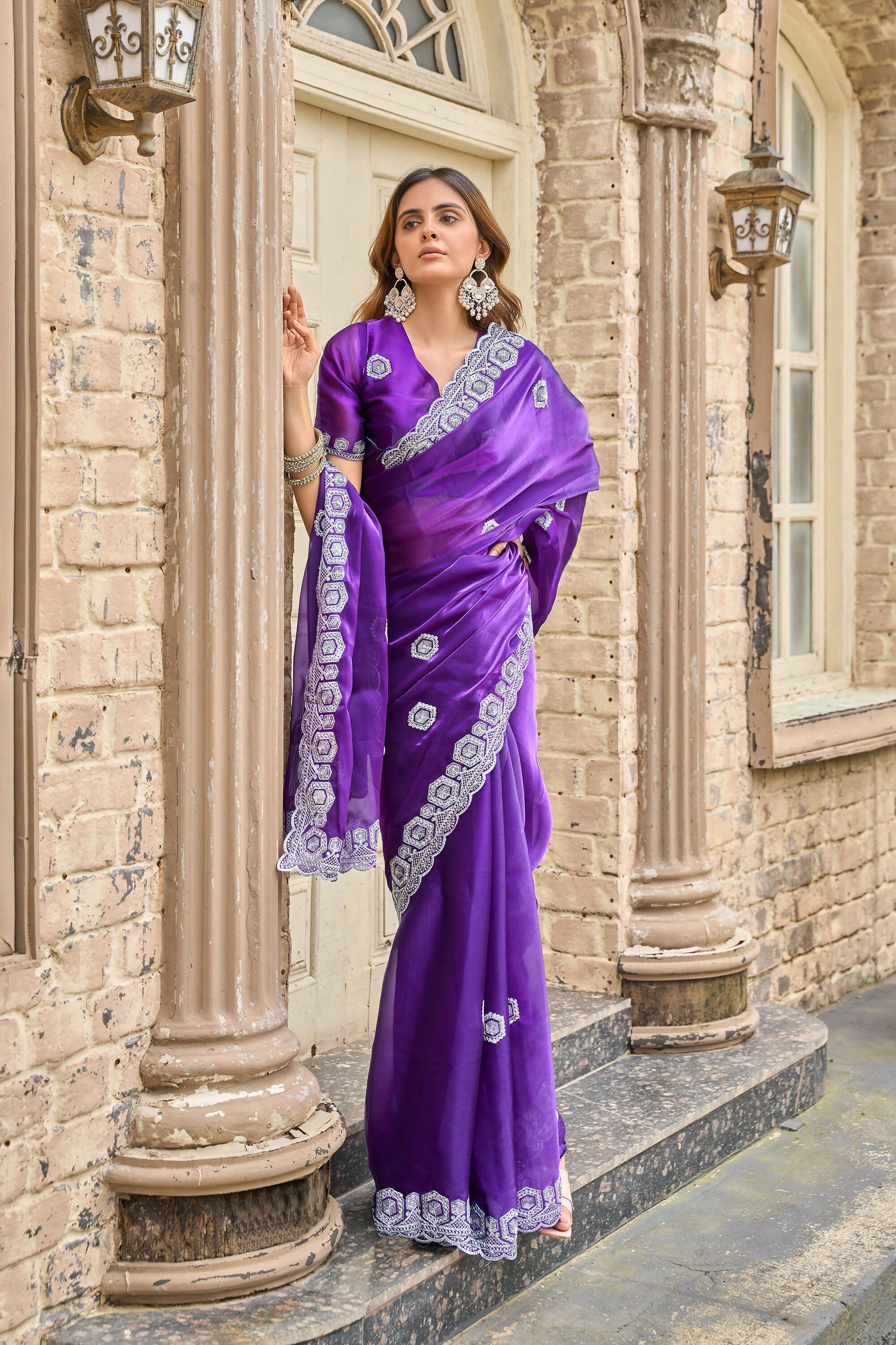 Vastranavya Purple-Blue Embroidery Work Shimmer Chiffon Saree with Unstitched Blouse