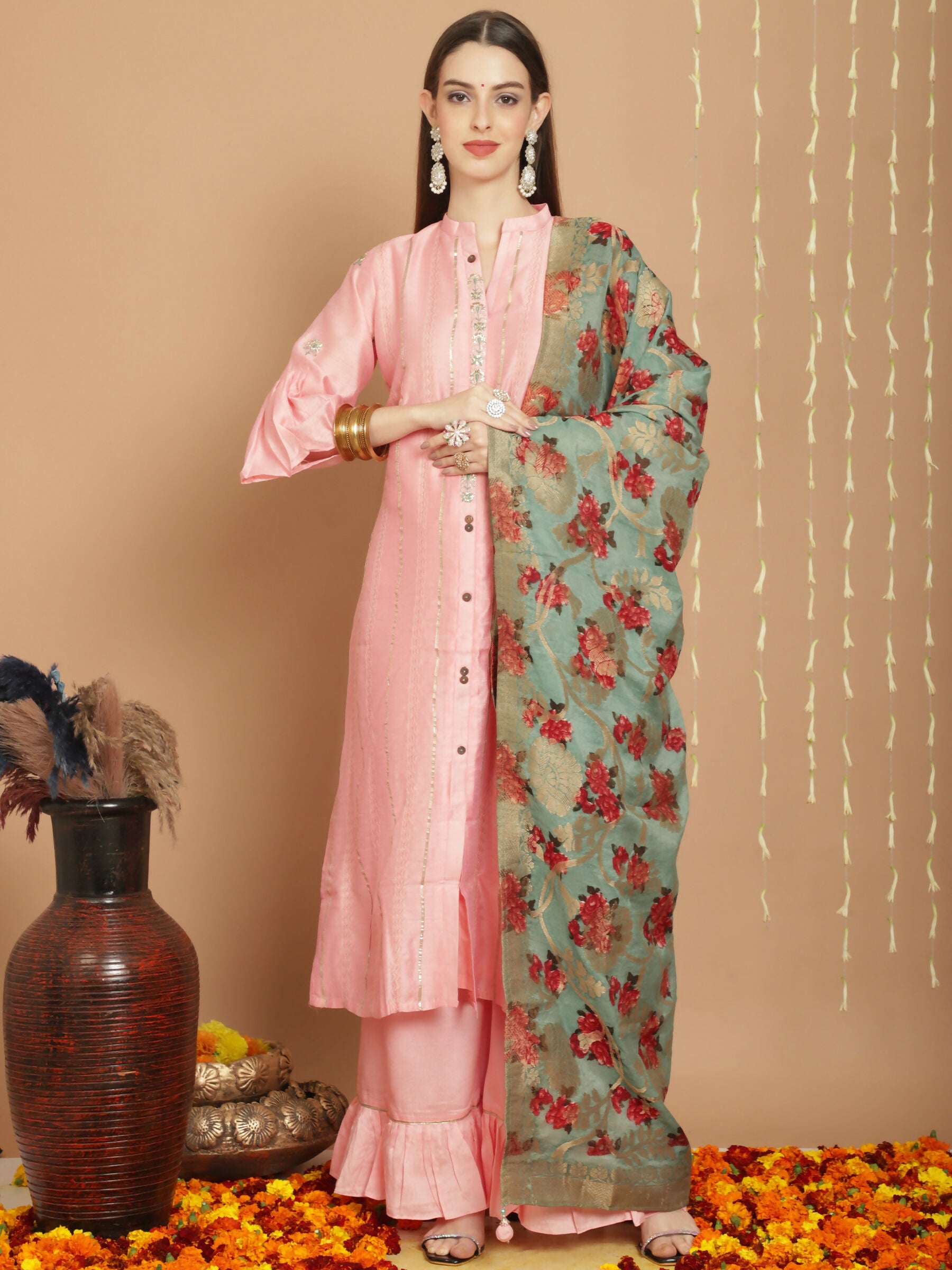 Jyoti Fashion Women's Peach Chanderi Silk Elegant Jardoshi Kurta with Trouser & Dupatta - Distacart