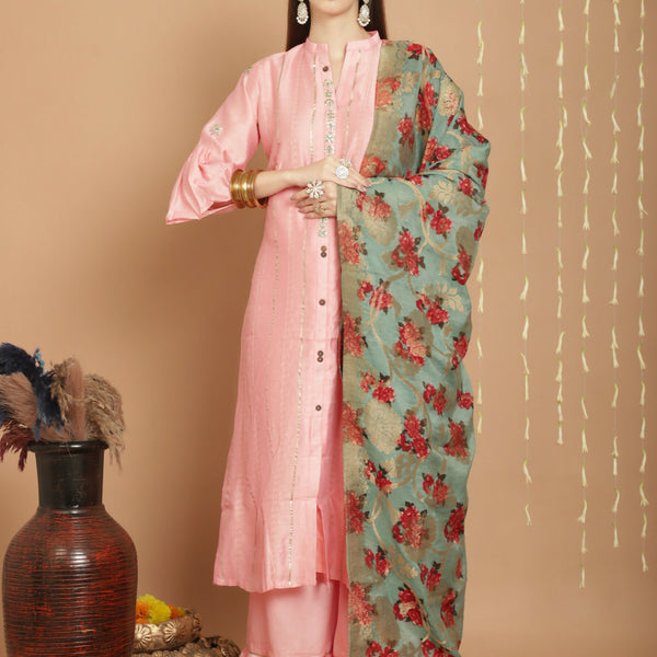 Jyoti Fashion Women's Peach Chanderi Silk Elegant Jardoshi Kurta with Trouser & Dupatta - Distacart