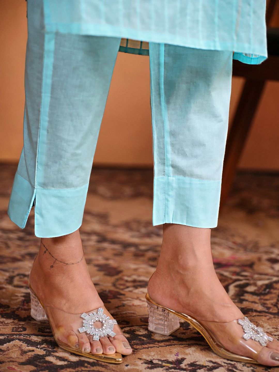 Sangria Ethnic Motifs Embroidered Thread Work Chanderi Cotton Kurta Trouser & Dupatta