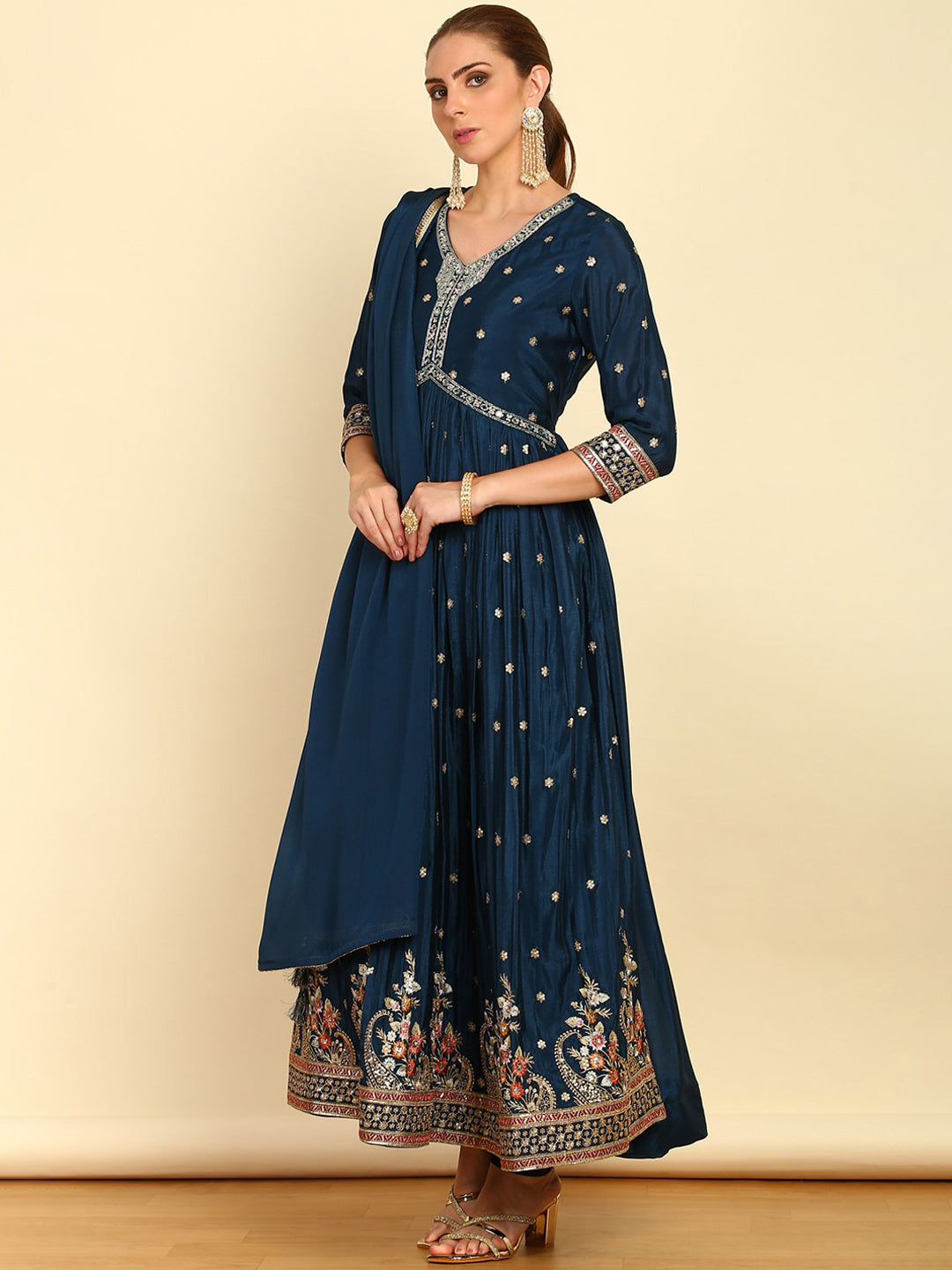 Soch Floral Embroidered Empire Mirror Work Kurta & Churidar With Dupatta - Distacart