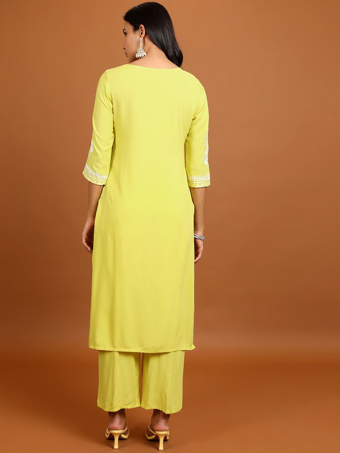 Vishudh Yellow Floral Embroidered Straight Kurta with Palazzos