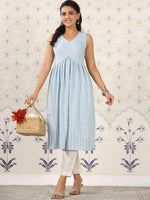 Thumbnail for Ode by House of Pataudi Blue Geometric Printed A-Line Kurta - Distacart