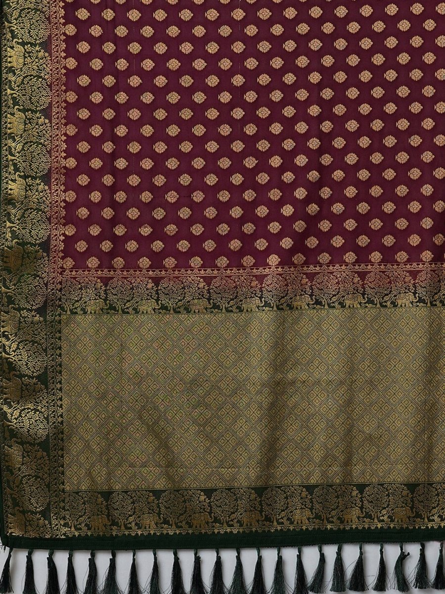 Anouk Burgundy & Green Ethnic Motifs Woven Design Zari Pure Georgette Kanjeevaram Saree - Distacart